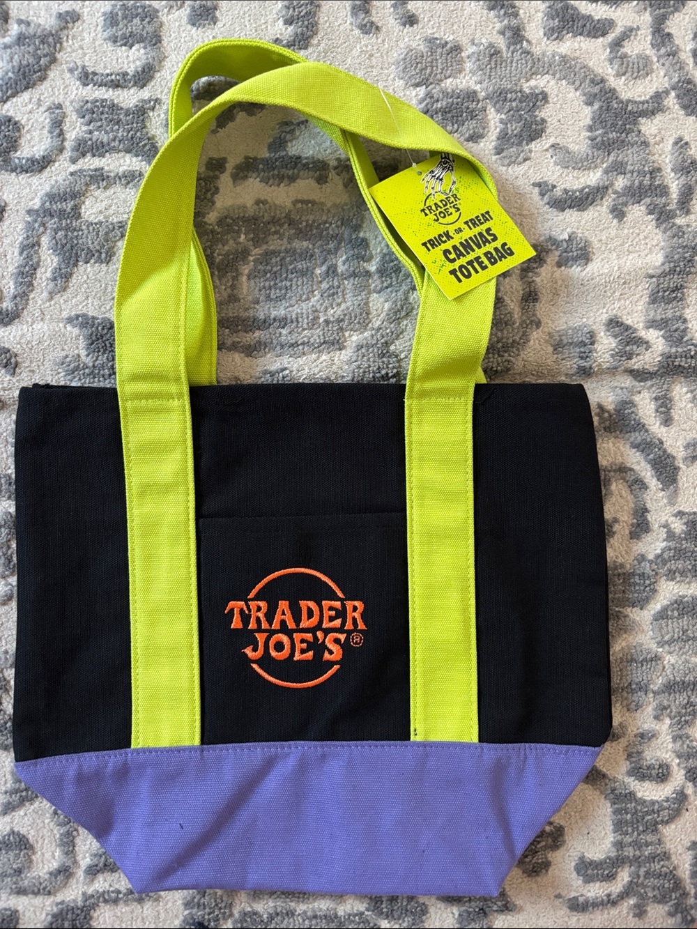 HALLOWEEN TRADER JOES Black Tote with Neon Yellow Straps and Purple Base